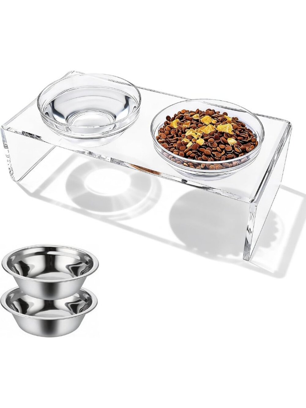 Elevated Clear Acrylic Pet Bowls with Stainless Steel Inserts for Dogs & Cats